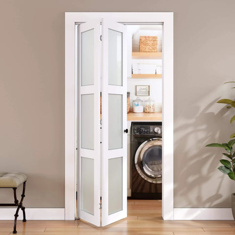 Space-Saving Bifold Door For 30x80 Opening, Tempered Frosted Glass Closet Folding Barn Door With Hardware Kit, installed in laundry room