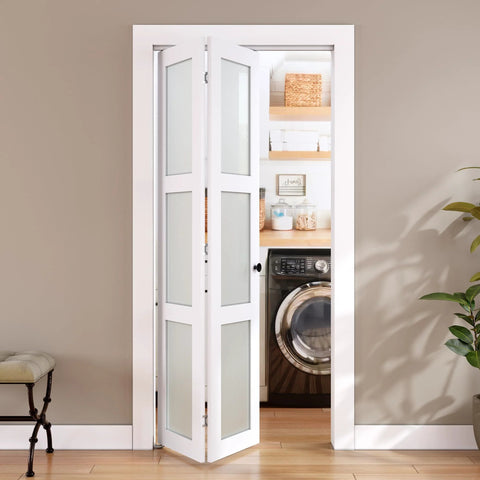 Installed Bifold Closet Door For 24x80 Opening With Tempered Frosted Glass Folding Barn Door Kit Water Resistant PVC Surface