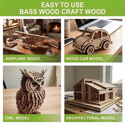 Four Pack Basswood Sheets One Eighth Inch Thick Twelve By Twelve Inches Smooth Surface Perfect For Laser Cutting Engraving Burning DIY Models Painting And Craft Projects shown in various model crafts including airplane, car, owl, and house.