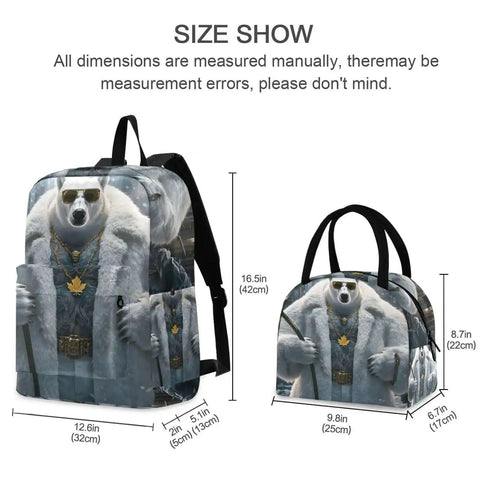 Bear Themed Sunglasses Backpack With Insulated Cooler Lunch Box shown with size dimensions, featuring a polar bear design.