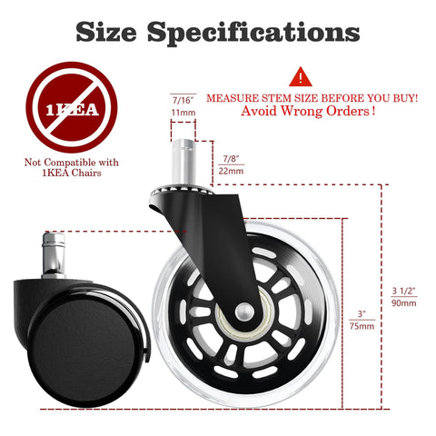 3 Inch Rubber Chair Wheels Replacement Casters With Seven Sixteenth Inch Stem Universal Fit Size Specifications