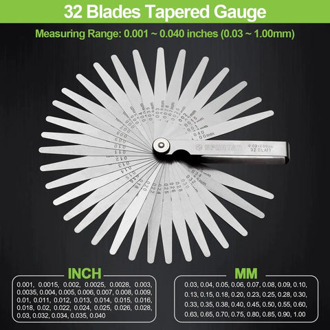 Dual Marked Feeler Gauge Set With 32 Tapered Stainless Steel Blades From 0.001 To 0.04 Inches SAE And Metric Readouts