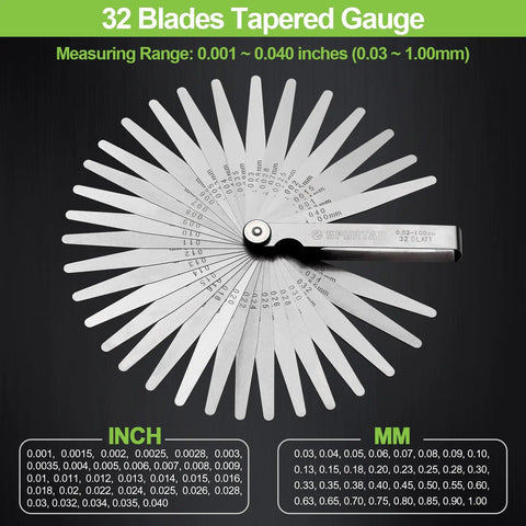 Feeler Gauge Set 0.001-0.04 Inch 32 Blades Stainless Steel Dual Marked SAE And Metric for gap thickness measuring with 32 blades.