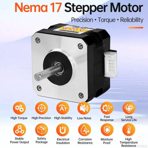 Close-up of Nema 17 stepper motor with label highlighting precision, torque, reliability, perfect for 3D printers and CNC machines.