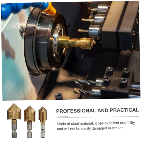 Pro Grade 3 Piece Flute Chamfering Cutter Set With Hex Shank For Woodworking Durable Steel Build Universal Fit For Most Brands Countersink Bits And Self Centering Design Milling Tool For Precise Chamfers And Taps displayed installed on machinery.