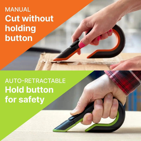 3 Position Box Cutter With Ceramic Zirconia Blade And Locking Blade shown cutting cardboard, two hand positions illustrated.
