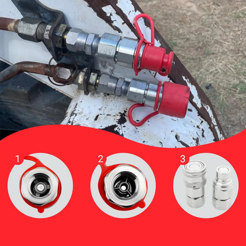 Two 1/2 in NPT skid-steer hydraulic quick-connect couplers with red dust caps, ISO 16028 flat-face