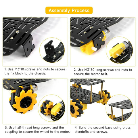 Assembly steps for Mecanum Wheel Robot Chassis Kit With 360 Degree Omnidirectional Movement Aluminum Alloy Frame 60mm Wheels TT Motors