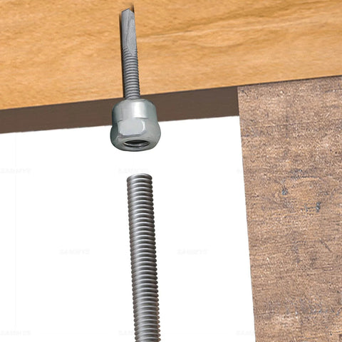 Close-up of Sammys 8040957-50 DST 10 3/8 Inch Screw Vertical Threaded Rod Anchor for steel structures, electro-zinc coated