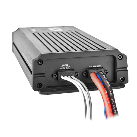 Rear view of Beefy 600W RMS Two Channel Marine Amplifier With 1200W Peak Bridgeable Micro Class D IPX67 Waterproof showing wiring
