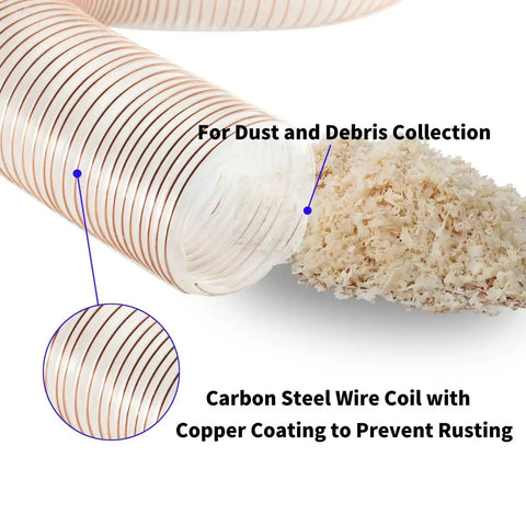Heavy Duty Clear PU Dust Collection Hose 6 Inch By 30 Feet With Clamps showing flexible debris collection with copper wire coil.