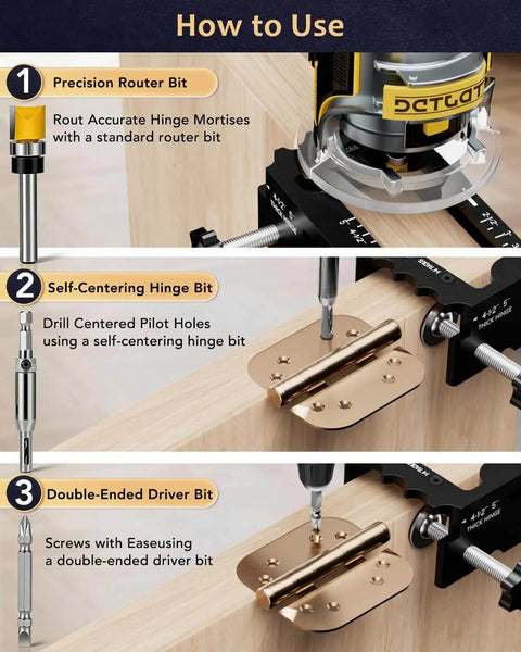 Instructions for using Door Hinge Jig Tool For Router Adjustable Aluminum Mortise Jig Fits Door Hinges From 2.5 To 5 Inches DIY Friendly.