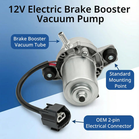 12V electric brake booster vacuum pump with silver aluminum body and OEM 2-pin connector and vacuum tube