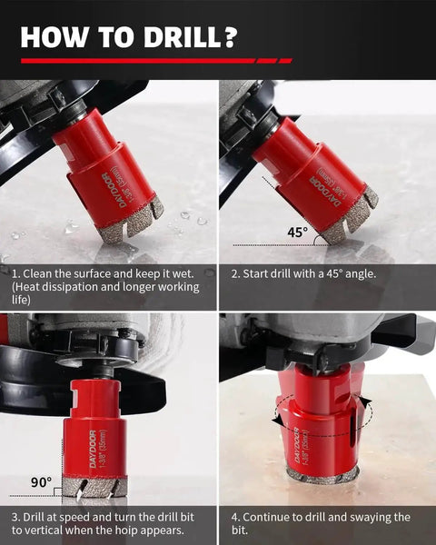 Diamond Hole Saw Kit For Tile And Stone 11 Piece Vacuum Brazed Core Bit Set with installation instructions.