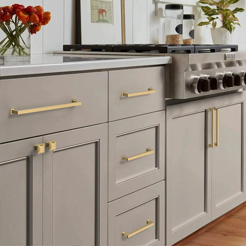 Champagne Bronze Cabinet Pulls Set installed on kitchen cabinets, 5 Inch Center To Center, Zinc Alloy, Rust Proof, 10 Pack