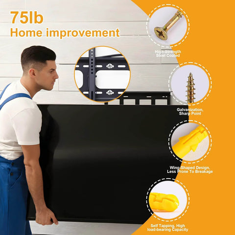Person installing a TV with 75lb drywall anchors and screws, highlighting features of 160Pcs Drywall Anchors And Screws Kit With Five Sizes High Hardness Wood Screws For All Hanging Installations, Includes Plastic Anchors And Zinc Alloy Metal Anchors, Galvanized Flat Head Screws, Pairs Great With A Drywall Repair Kit