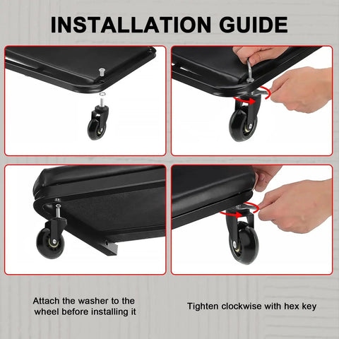 Installation guide for 6 Pack 2.5 Inch Heavy Duty Swivel Caster Wheels For Creepers And Service Carts, showing attachment and tightening steps.