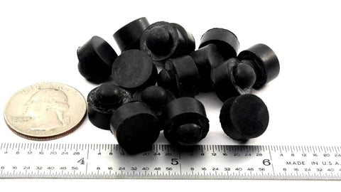 Push-In Rubber Bumper With Tight-Grip Stem Fits A One Quarter Inch Hole Bumper Diameter One Half Inch Height One Quarter Inch displayed with ruler and coin for size reference.
