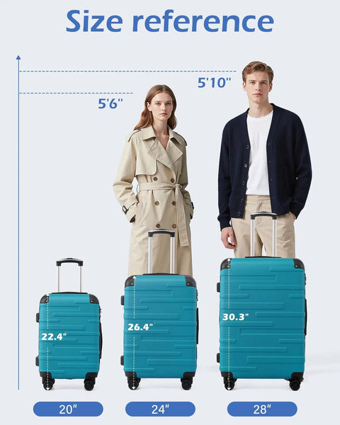 Lake Blue Three Piece Hardside Luggage Set By Coolife with TSA Lock, showing size comparison with adults, featuring 360-degree spinner wheels.