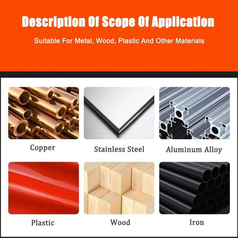 Image showing materials suitable for machining: copper, stainless steel, aluminum alloy, plastic, wood, and iron.