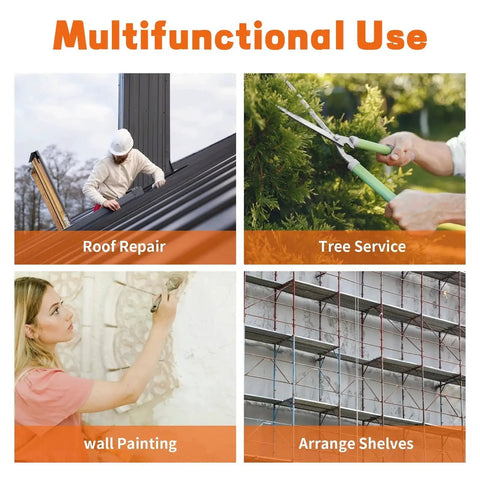Image showing four uses of a man basket: roof repair, tree service, wall painting, and arranging shelves.