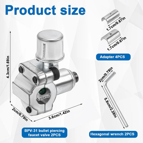 BPV-31 piercing valve kit: 2 valves, 2 hex keys, 4 adapters; metal refrigerator line tap for 1/4, 5/16, 3/8 OD pipes