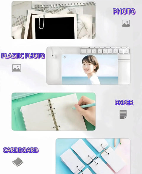 Heavy Duty One Hole Punch For Crafting And Card Making, shows versatility with paper, cardboard, photos, and plastic use