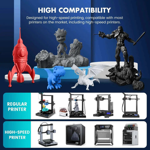 3D printed models and compatible printers, highlighting Turbocharged PLA Filament 1.75mm Pack Of 4 Spools 1Kg Each Black Color 4Kg Total