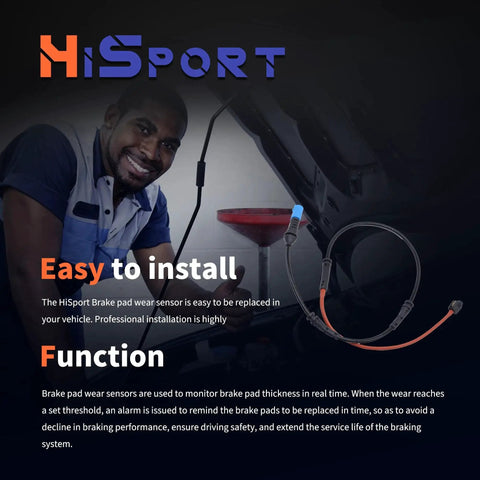 HiSport front disc brake pad wear sensor cable with blue tip visible in a car under-hood repair scene