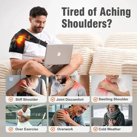 Man using Cordless Shoulder Heating Pad With Detachable Remote, Five Heat Levels And Five Vibration Modes for shoulder pain relief.