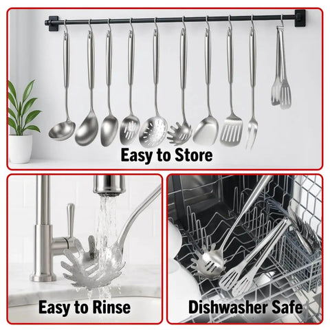 304 Stainless Steel Spaghetti Server With Teeth And Pasta Spoon Ergonomic Vacuum Handle And Non Slip Grip hanging on rack