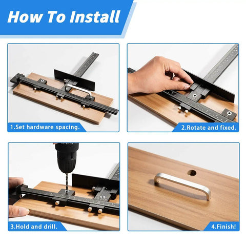 Pro Grade Cabinet Hardware Jig Tool Set, 14 Piece Aluminum Alloy Template installation guide steps with wood and drill demonstration