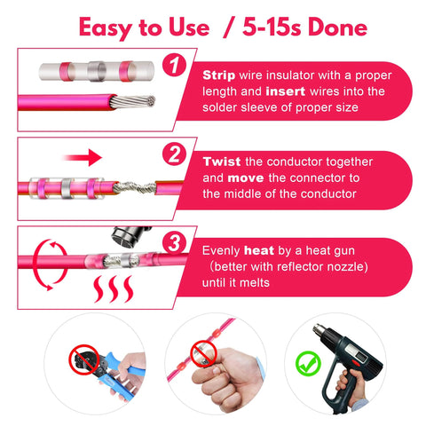 Kuject red solder-seal heat-shrink butt connectors for AWG 22-18, 100 pcs, 3-step infographic