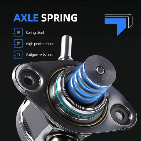Close-up of high pressure fuel pump spring with steel construction, labeled "AXLE SPRING" for performance.