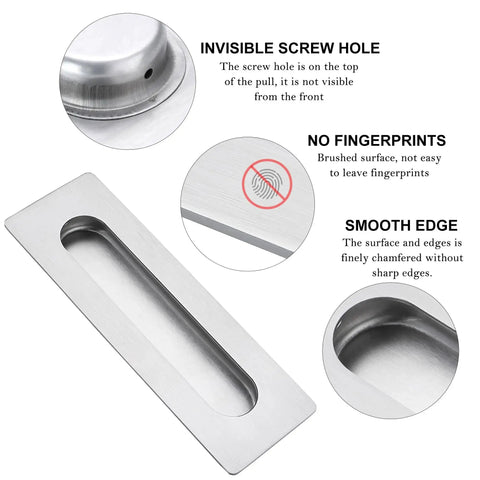 7 Inch Recessed Flush Finger Pulls For Pocket Door Sliding Door Hardware In Brushed Stainless Steel Rectangular 2 Pack Durable 304 Stainless Steel Rust Resistant Fingerprint Resistant Recess Mount showing smooth edges, no fingerprint finish, and invisible screw hole close-ups