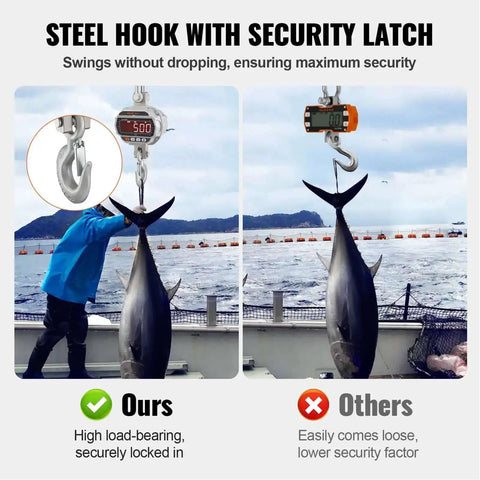 Digital Crane Scale 6600 Lbs 3000 Kg Heavy Duty Hanging Scale With Remote Control LED Display 5 Digit Readout 4 cm Tall Digits Cast Aluminum Case Industrial Precision For Construction Factory Farm Hunting in use weighing a large fish on a boat with a steel hook and security latch.