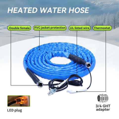 RVMATE heated RV water hose, 35 ft blue PVC jacket with thermostat, LED plug, 3/4 GHT adapter