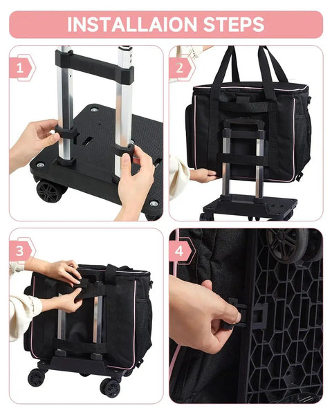 Installation steps for Rolling Teacher Tote Bag With Five Wheels And Detachable Trolley, featuring assembly process with black bag and trolley.