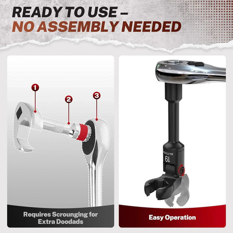 Diagram showing Six Piece Long Flex Head Crowfoot Line Wrench Set with 3/8 inch drive, no assembly required.