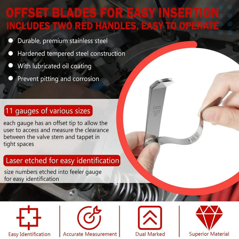 Offset Valve Tappet Gauge Set With Premium 11 Blade Feeler Gauge Kit For Measuring Valve Gap, detailed product features shown.