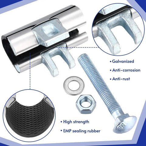 Two Pack IPS Pipe Repair Clamp In 304 Stainless Steel, Three Inch Length Fits Three Quarter Inch Pipes, Patching Leaks On Copper Galvanized Steel And More, Heavy Duty Leak Repair Clip For Water Lines, with hardware and rubber seal sample.