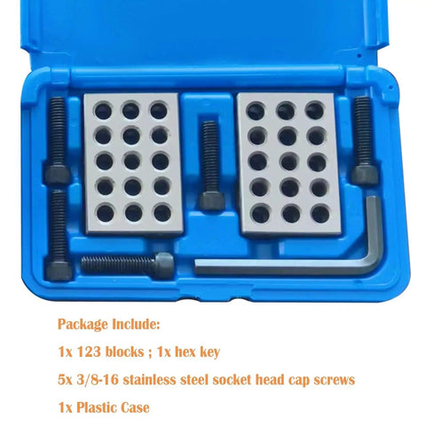 Pro Grade 1 By 2 By 3 Inch Precision Blocks Set With 23 Holes 5 Tapped To 3/8-16 And 18 Untapped Includes Screws And Hex Key in case