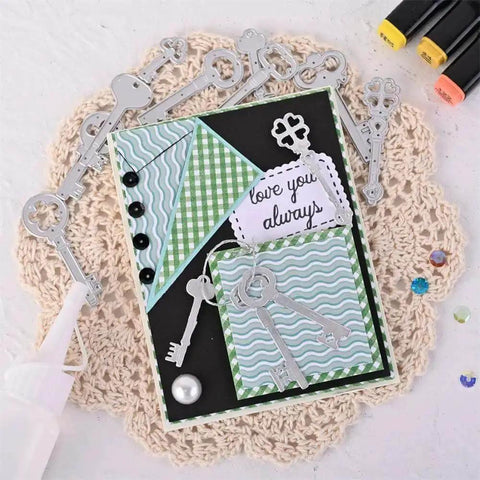 Scrapbook page using 9 Piece Vintage Keys Metal Cutting Dies Set For Scrapbooking And Card Making with decorative key cutouts and card designs