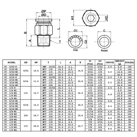 Technical drawing of six millimeter to one eighth inch NPT push to connect air fittings with detailed dimensions and specifications.