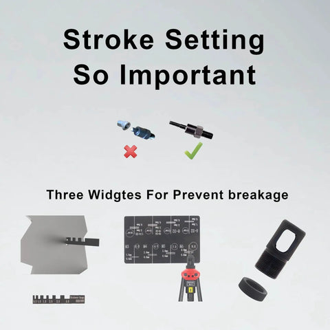 Diagram showing stroke setting importance with rivet nut tool components for Pro Grade Rivet Nut Tool Kit with Sixteen Inch Gun.