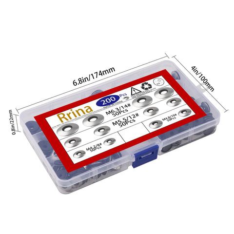 Rrina 200-piece stainless steel gasket washer set with neoprene/EPDM bonded seals in a clear plastic case for 8–14 screws