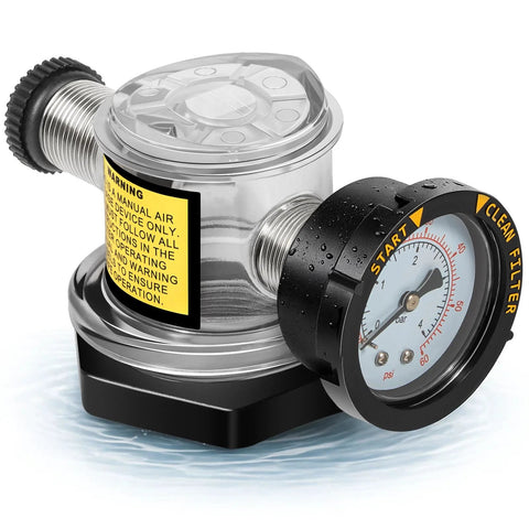 Manual air relief valve with pressure gauge for Pentair pool filter systems; chrome metal body, black gauge bezel