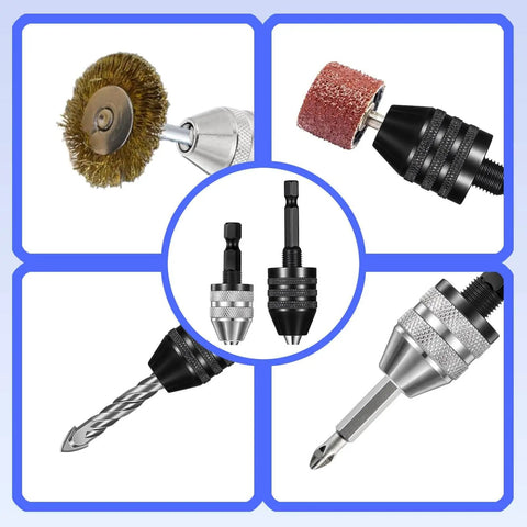 Mini Drill Bit Clamp 0.3-8mm Quick Change Keyless Chuck Adapter Bracket For Impact Drills With Hex Handle in use with various tools