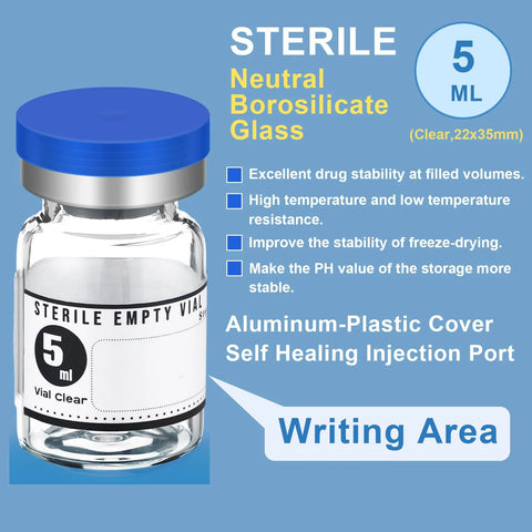 5 ml sterile empty glass vial with blue cap and white label reading Sterile Empty Vial