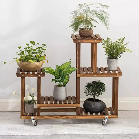 Wooden plant stand with 1 Inch Swivel Plate Casters With Brake, L Bracket Side Mount, TPR Rubber Quiet Mute Casters For Furniture Replacement